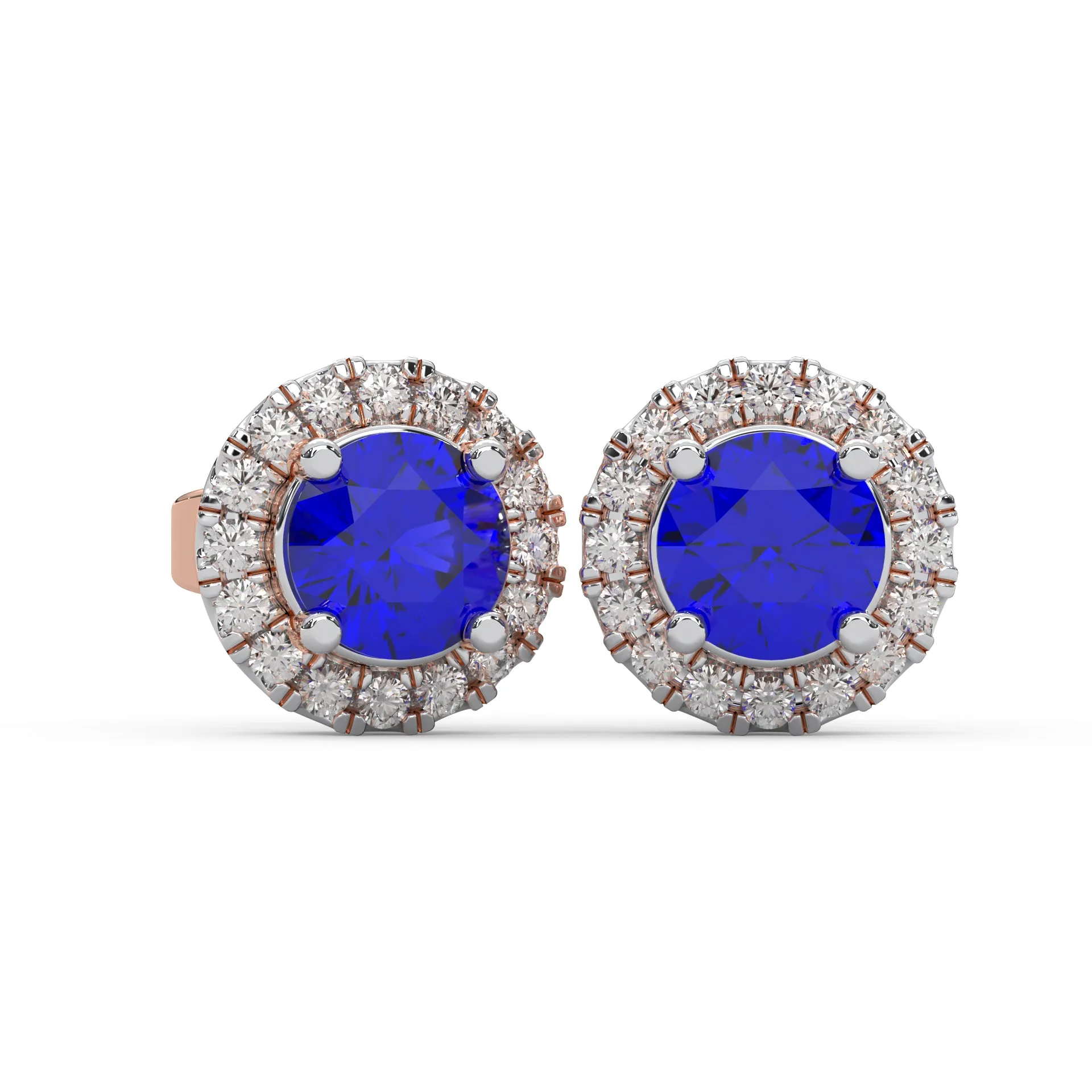 0.43 Cttw Natural Diamond & Blue Gemstone Halo Stud Earrings | 925 Sterling Silver
