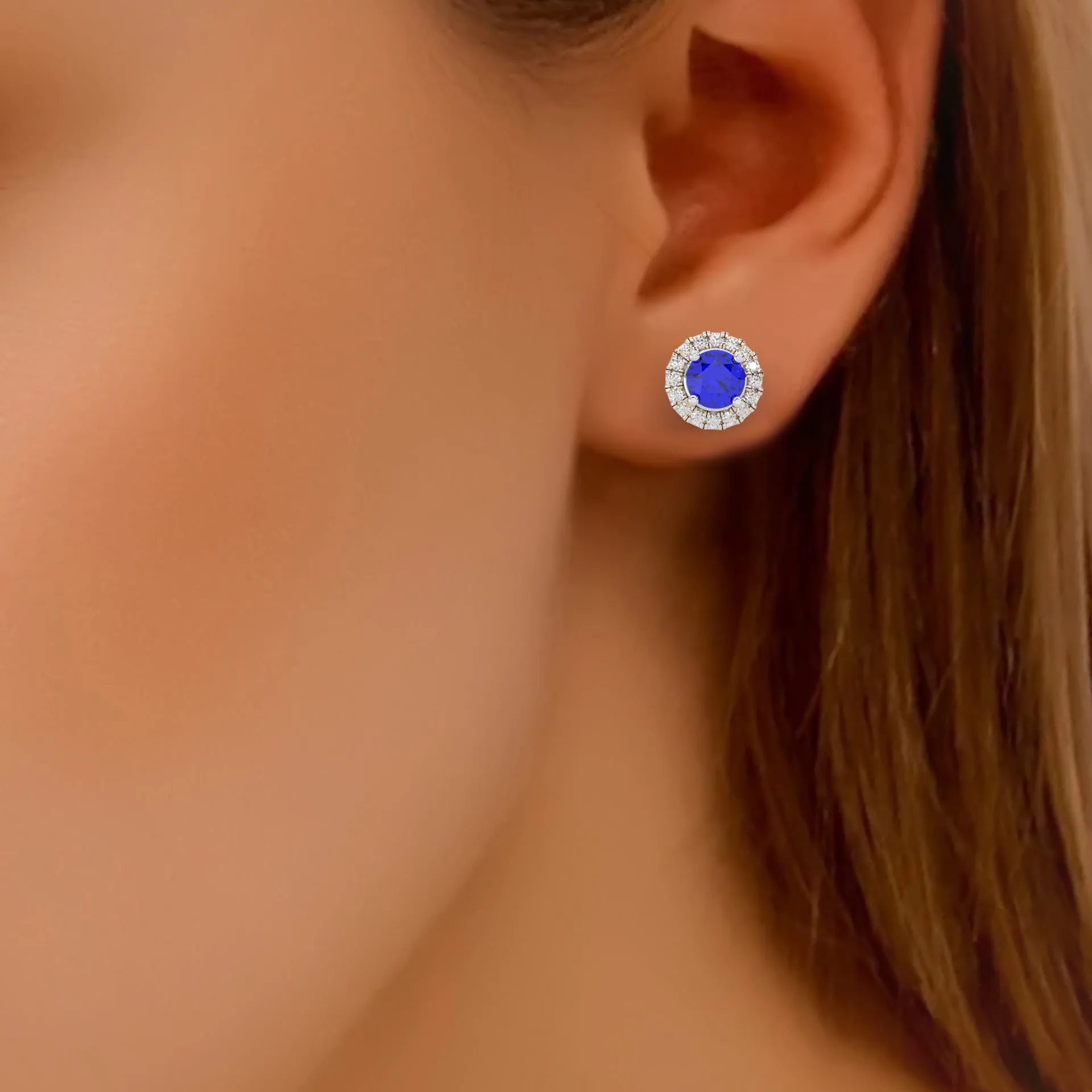 0.43 Cttw Natural Diamond & Blue Gemstone Halo Stud Earrings | 925 Sterling Silver