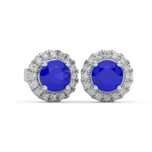 0.43 Cttw Natural Diamond & Blue Gemstone Halo Stud Earrings | 925 Sterling Silver