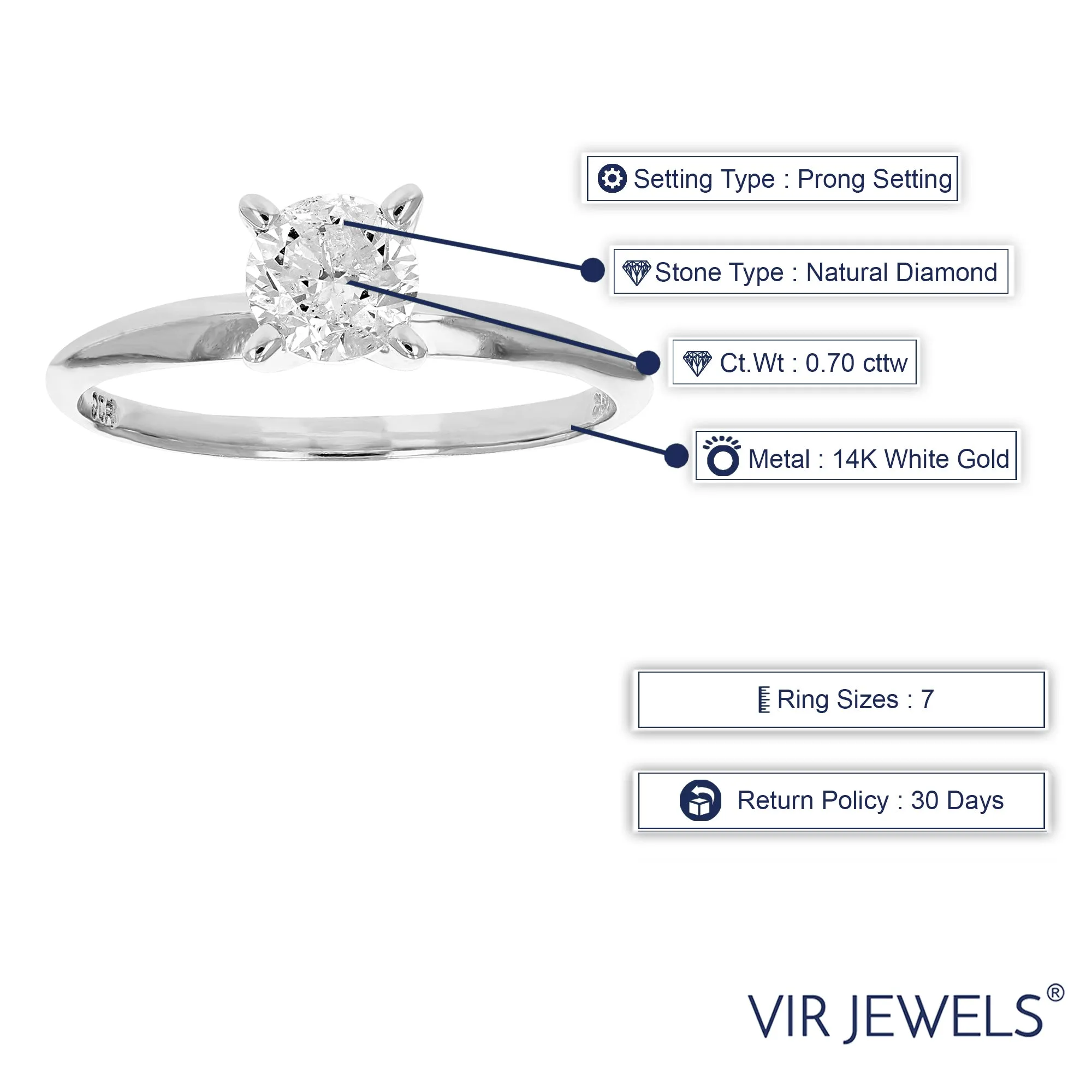 0.70 cttw Solitaire Diamond Engagement Ring in 14K White Gold