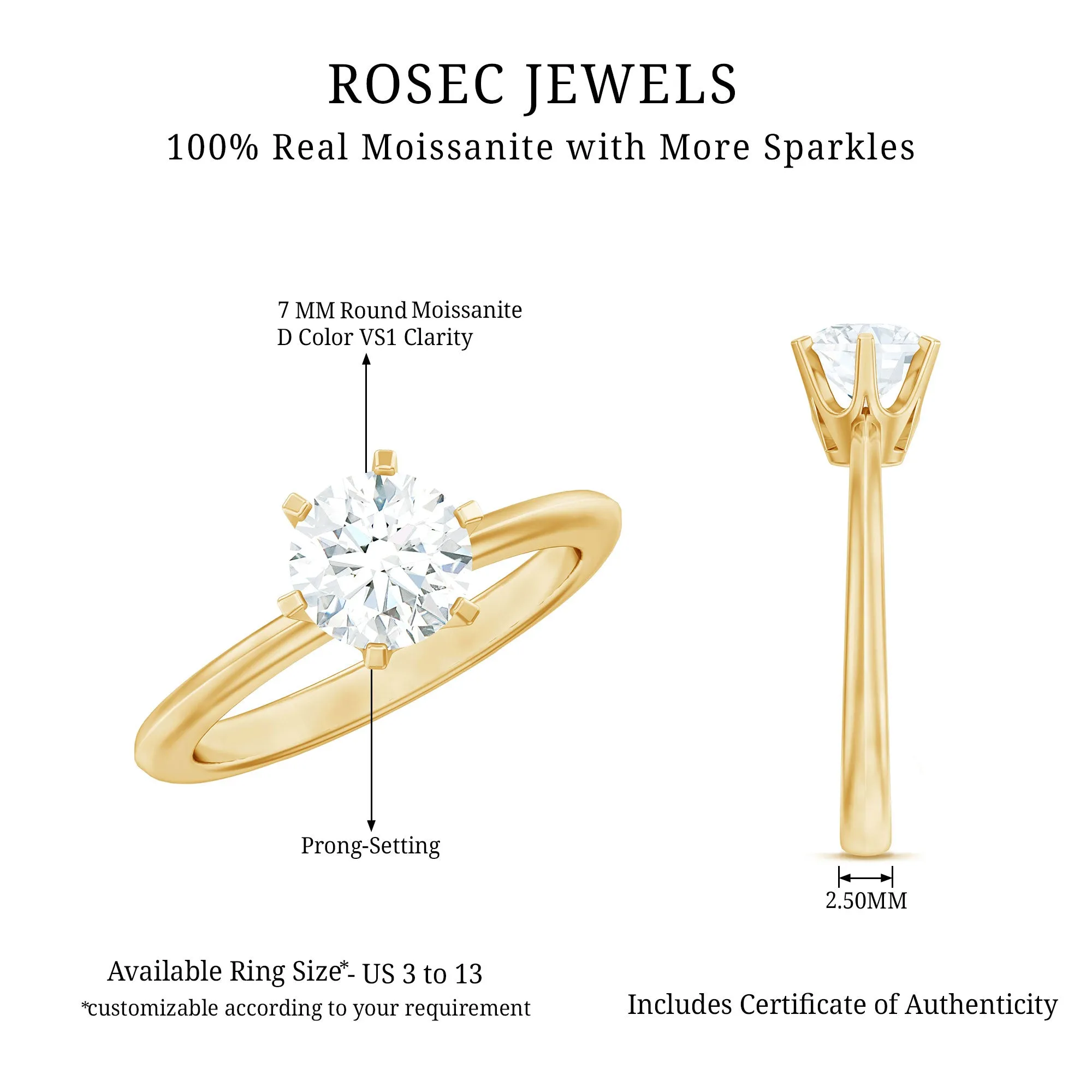 1 CT Certified Moissanite Round Cut Solitaire Ring in Gold