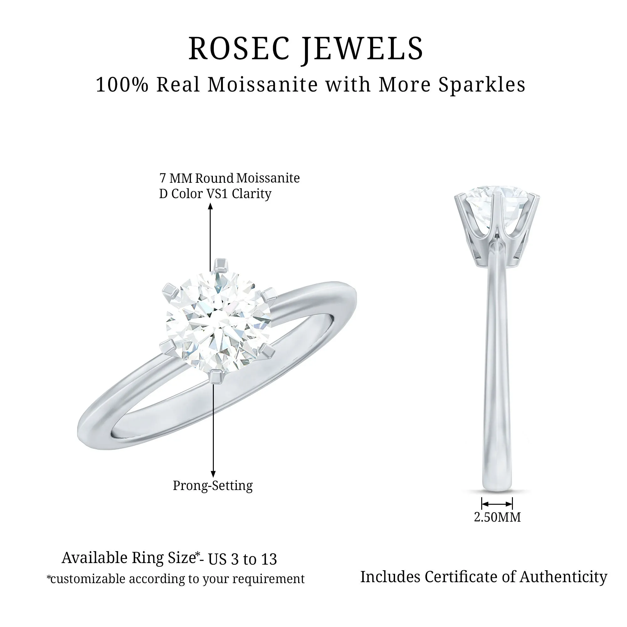 1 CT Certified Moissanite Round Cut Solitaire Ring in Gold