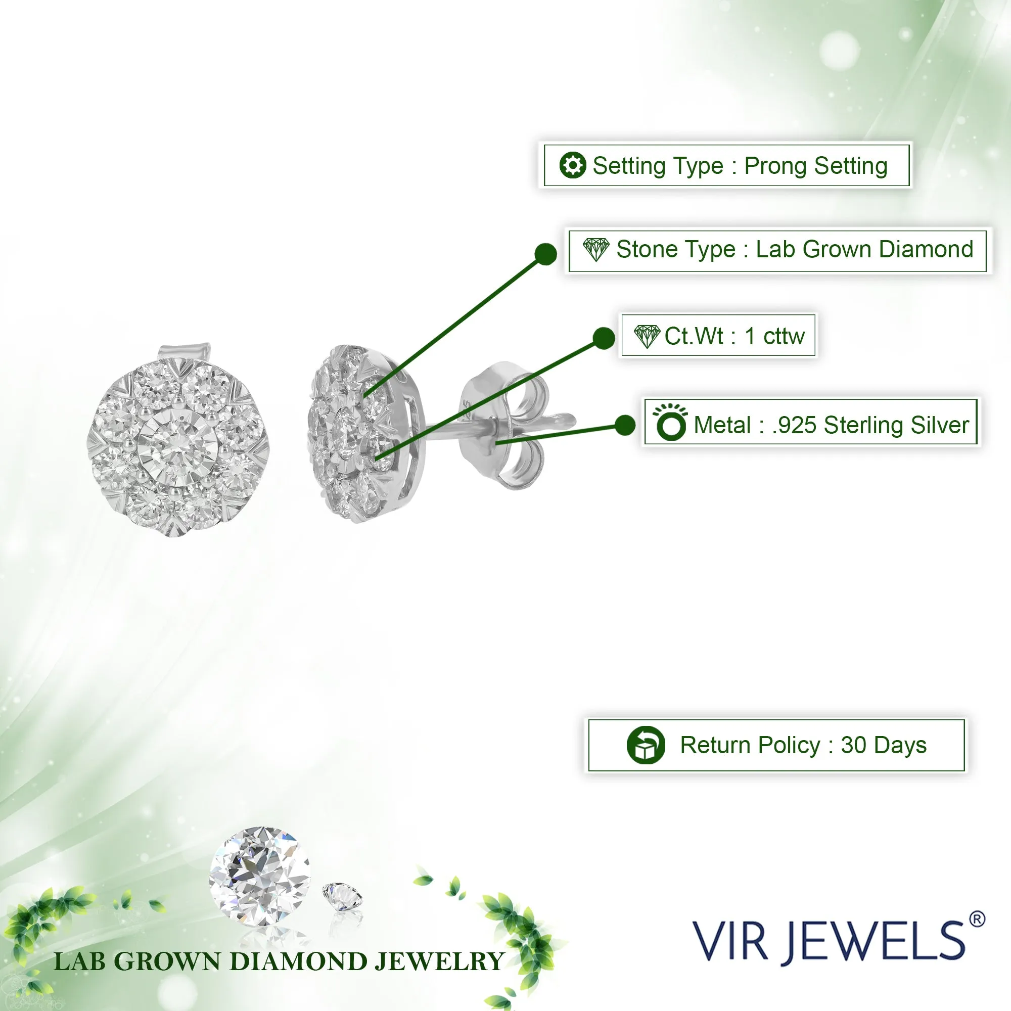 1 cttw Lab Grown Diamond Stud Earrings in .925 Sterling Silver