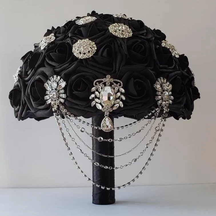 10- Inch Black Cascading Wedding Bouquet with Brooches