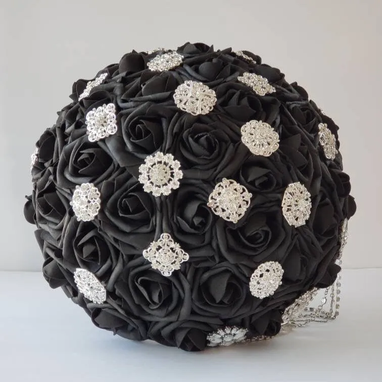 10- Inch Black Cascading Wedding Bouquet with Brooches