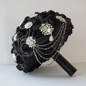 10- Inch Black Cascading Wedding Bouquet with Brooches