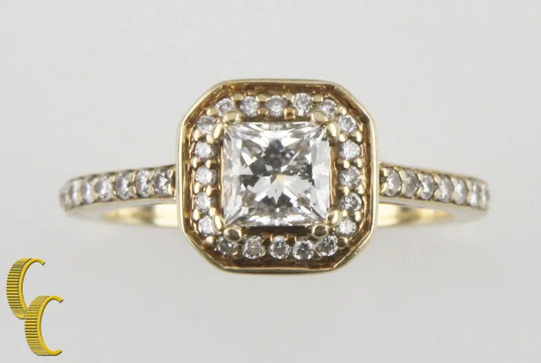 1.00 carat Princess Cut Diamond Halo 14k Yellow Gold Engagement Ring Size 5.5