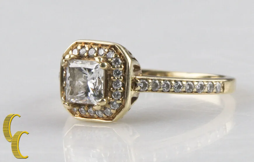 1.00 carat Princess Cut Diamond Halo 14k Yellow Gold Engagement Ring Size 5.5