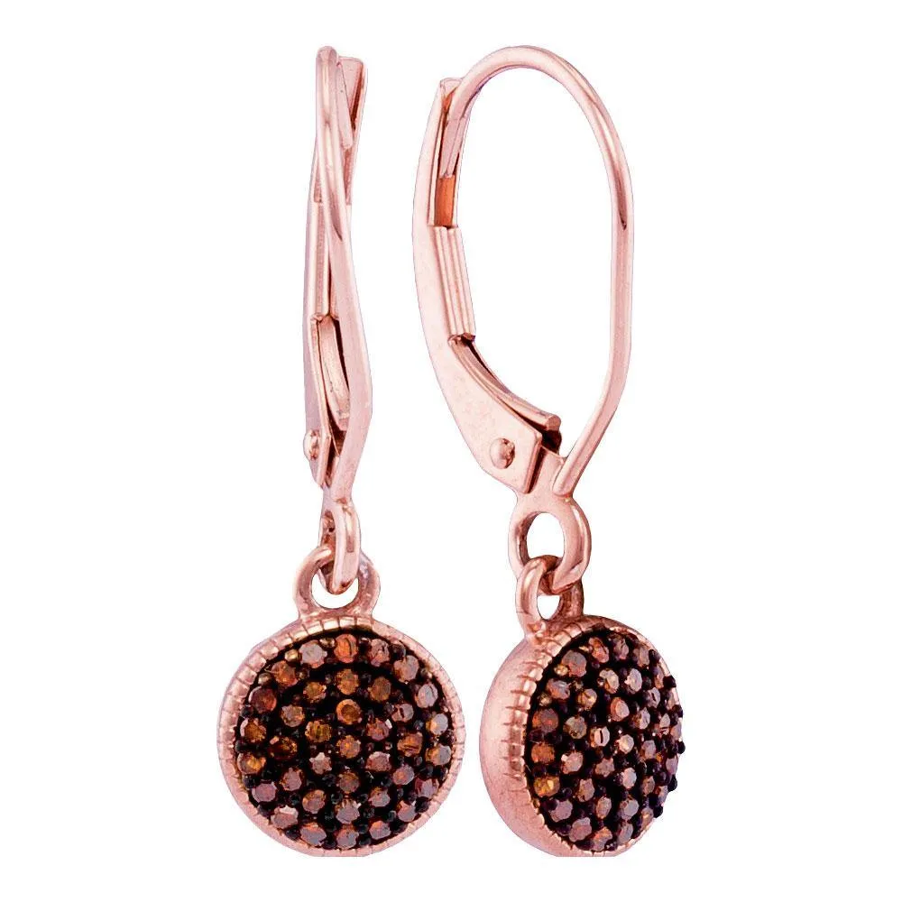 10K Rose Gold Round Red Color Enhanced Diamond Cluster Dangle Earrings 1/5 Cttw