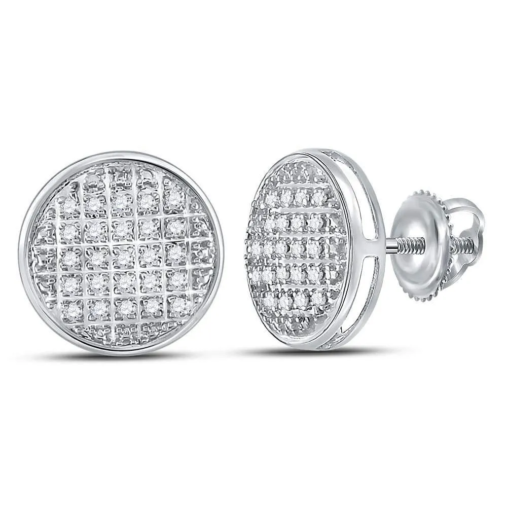 10K White Gold Mens Round Diamond Circle Cluster Stud Earrings 1/8 Cttw