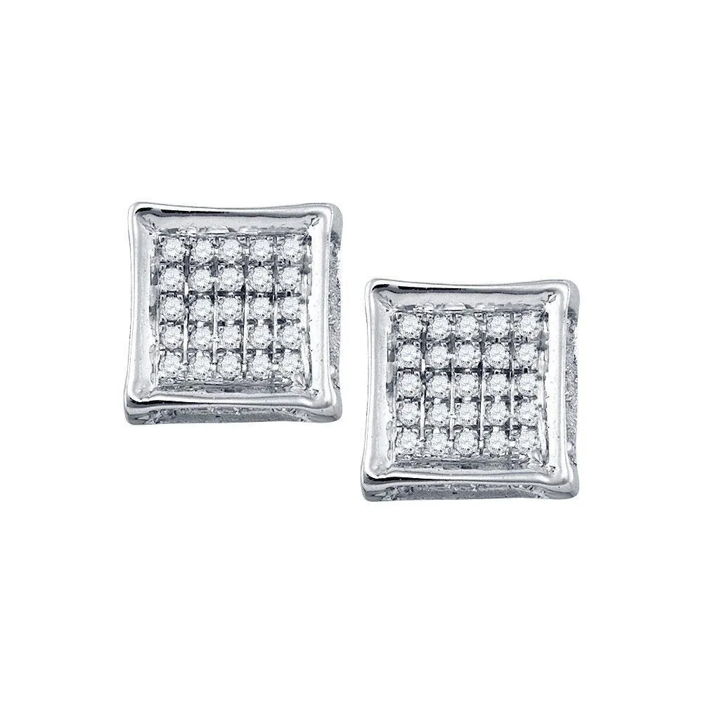 10K White Gold Mens Round Diamond Square Cluster Stud Earrings 1/8 Cttw