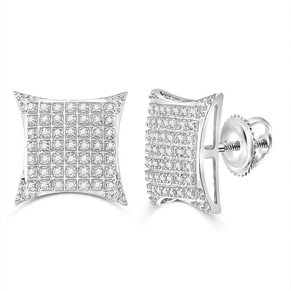 10K White Gold Mens Round Diamond Square Kite Cluster Stud Earrings 1/3 Cttw