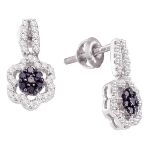 10K White Gold Round Black Color Enhanced Diamond Flower Cluster Dangle Earrings 1/4 Cttw