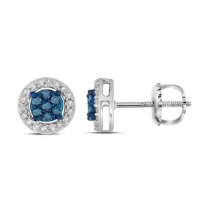 10k White Gold Round Blue Color Enhanced Diamond Cluster Stud Screwback Earrings 1/4 Cttw