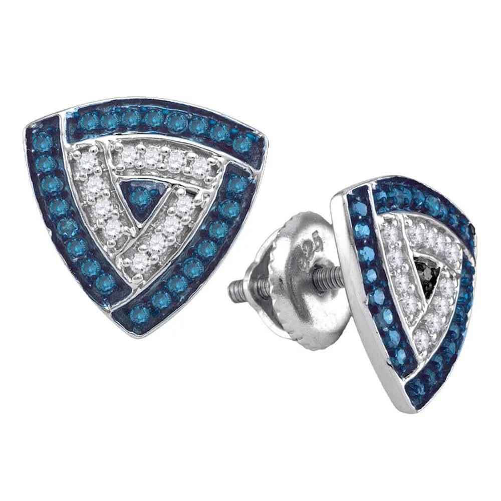 10K White Gold Round Blue Color Enhanced Diamond Triangle Frame Cluster Earrings 1/3 Cttw