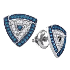 10K White Gold Round Blue Color Enhanced Diamond Triangle Frame Cluster Earrings 1/3 Cttw