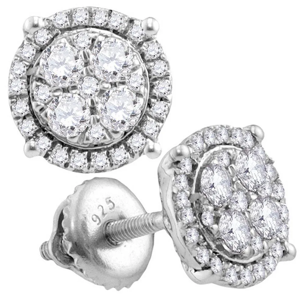 10K White Gold Round Diamond Circle Cluster Earrings 3/4 Cttw