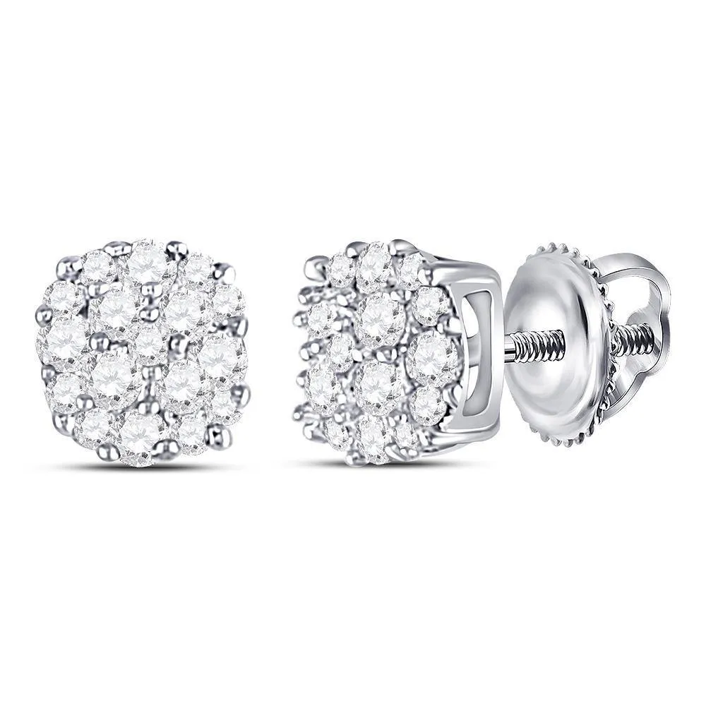 10K White Gold Round Diamond Cluster Earrings 1/5 Cttw