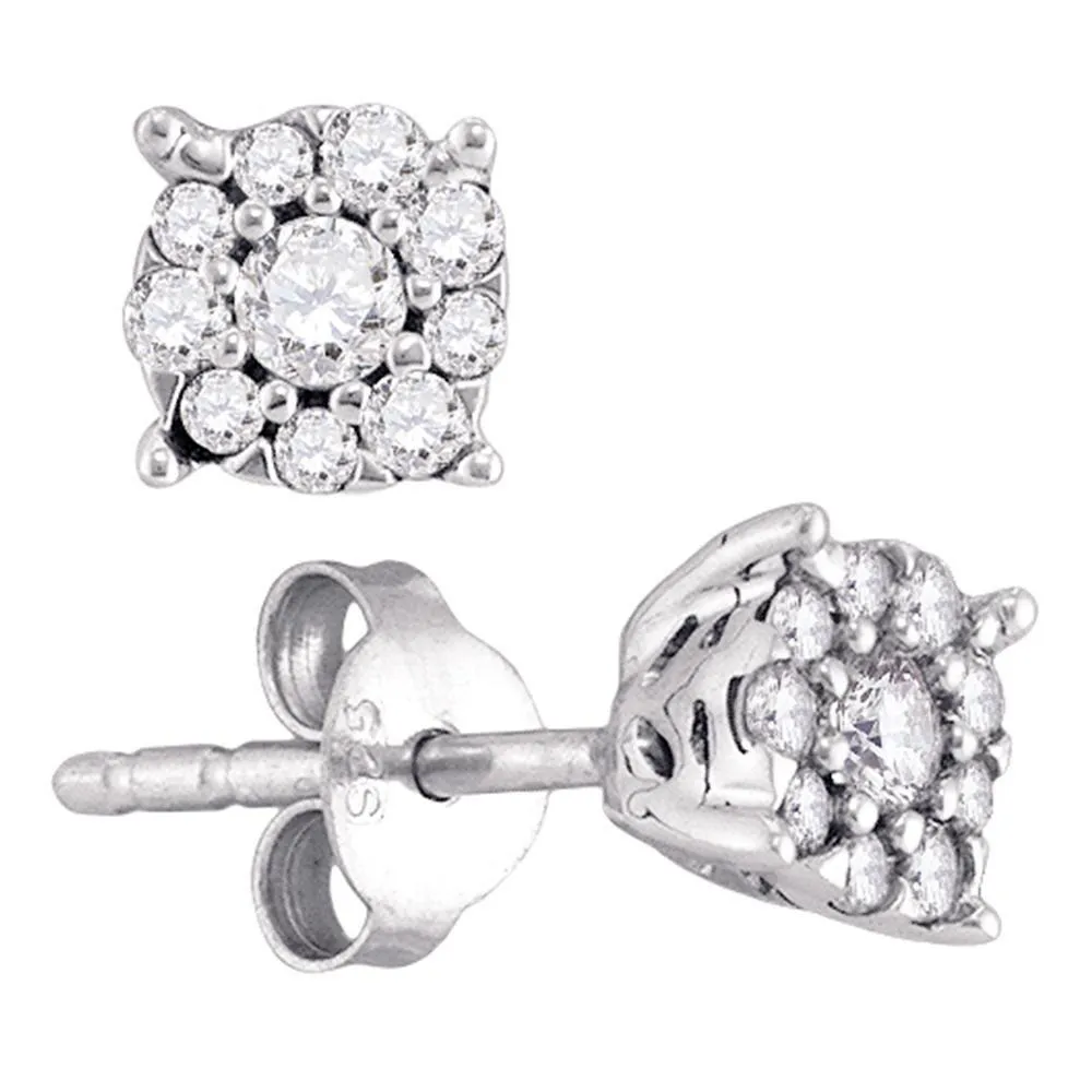 10k White Gold Round Diamond Cluster Screwback Stud Earrings 1/4 Cttw