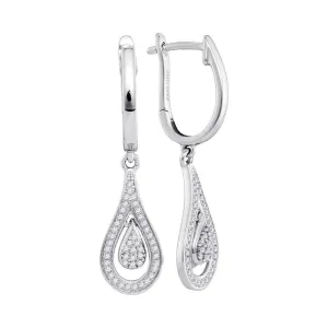 10K White Gold Round Diamond Cluster Teardrop Dangle Earrings 1/5 Cttw