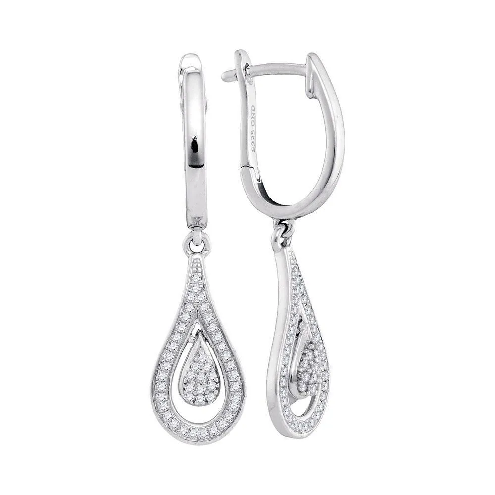 10K White Gold Round Diamond Cluster Teardrop Dangle Earrings 1/5 Cttw