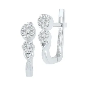10K White Gold Round Diamond Flower Cluster Hoop Earrings 1/5 Cttw