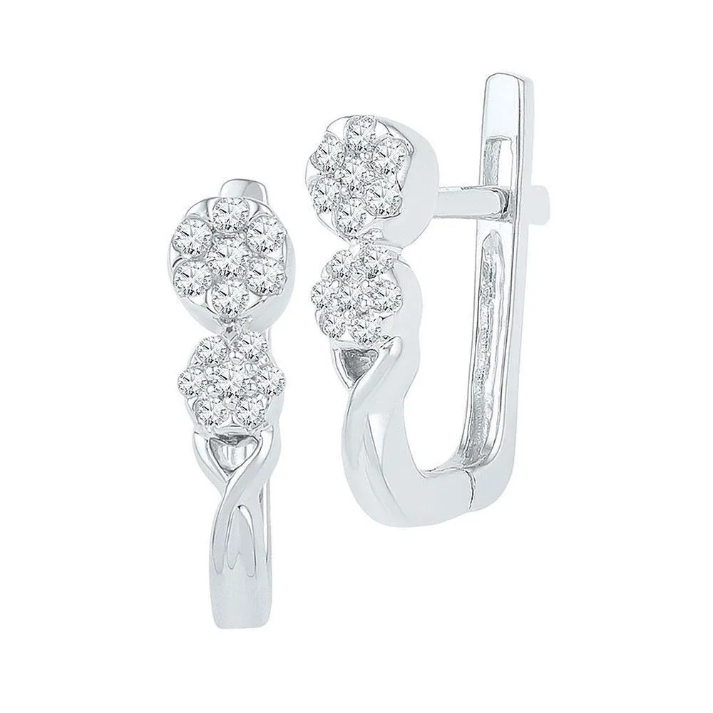 10K White Gold Round Diamond Flower Cluster Hoop Earrings 1/5 Cttw