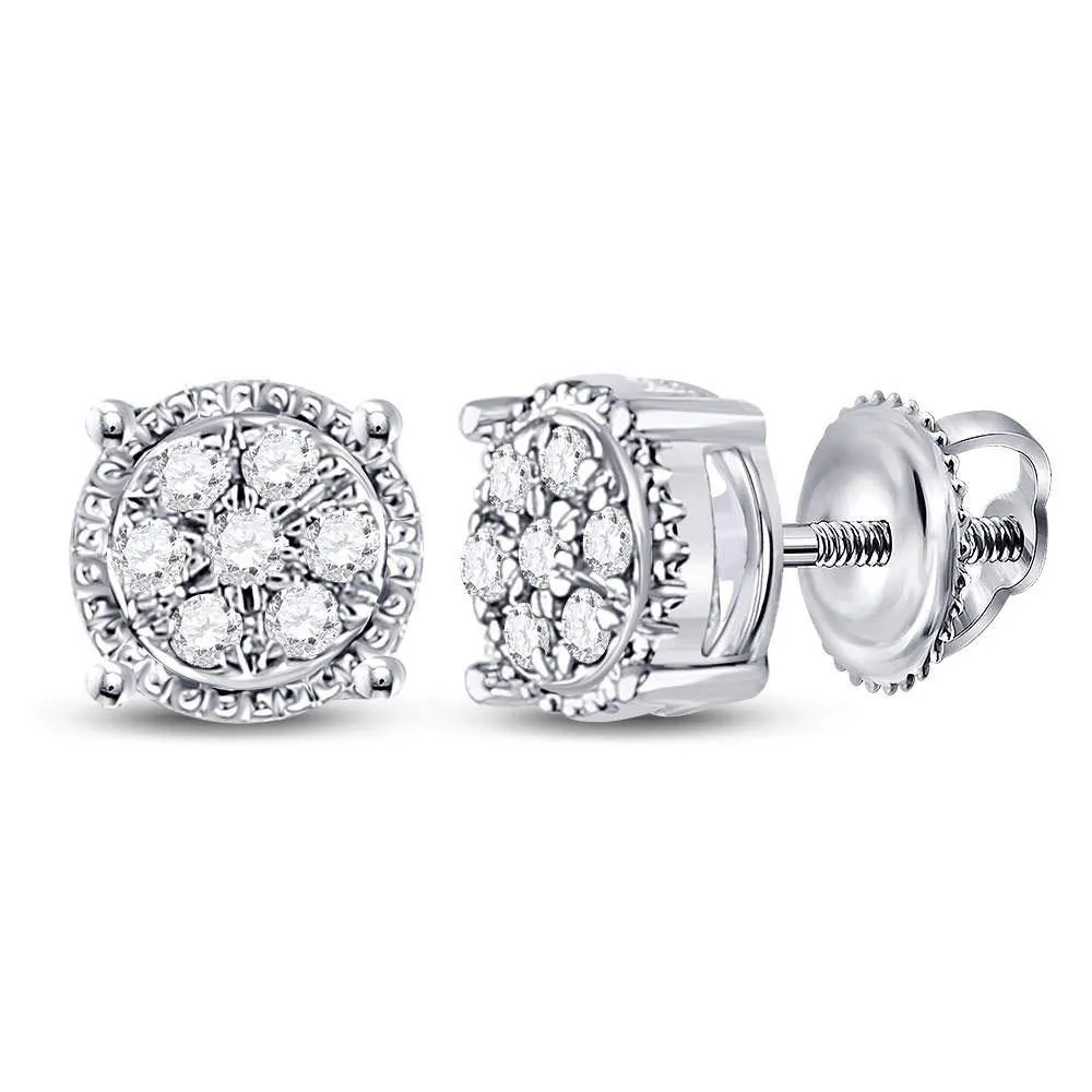10K White Gold Round Diamond Flower Cluster Stud Earrings 1/6 Cttw