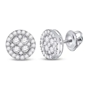 10K White Gold Round Diamond Framed Flower Cluster Screwback Earrings 1.00 Cttw