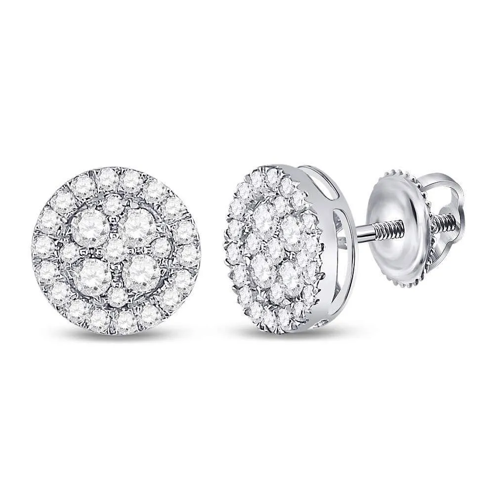 10K White Gold Round Diamond Framed Flower Cluster Screwback Earrings 1.00 Cttw
