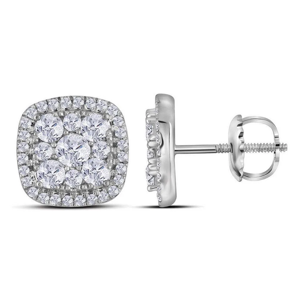 10K White Gold Round Diamond Framed Square Cluster Earrings 1.00 Cttw