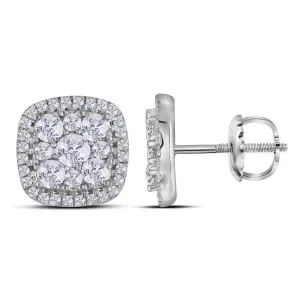 10K White Gold Round Diamond Framed Square Cluster Earrings 1.00 Cttw
