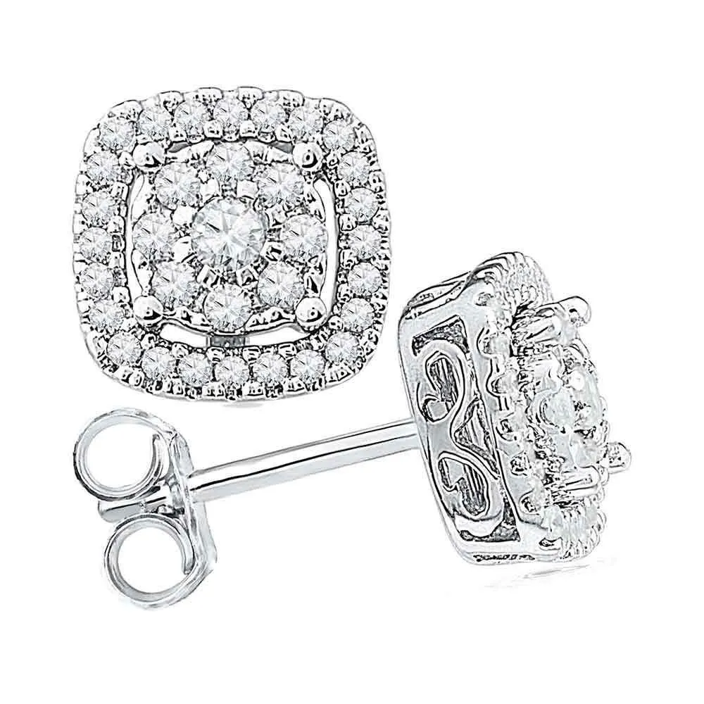 10K White Gold Round Diamond Framed Square Cluster Screwback Earrings 1/2 Cttw