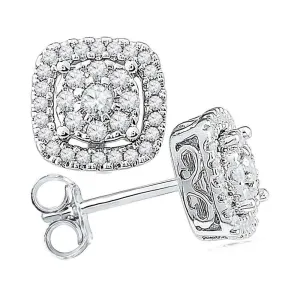 10K White Gold Round Diamond Framed Square Cluster Screwback Earrings 1/2 Cttw