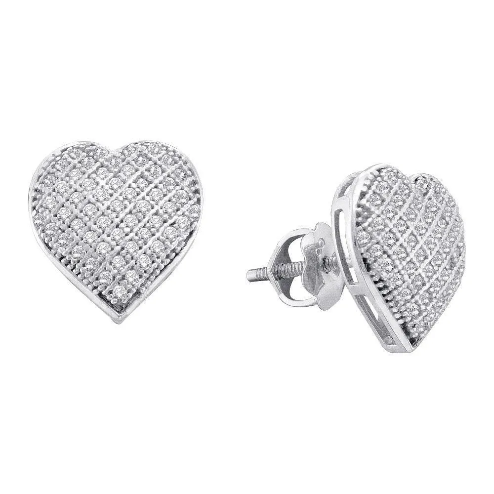 10K White Gold Round Diamond Heart Cluster Earrings 1/3 Cttw