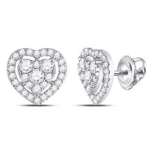 10K White Gold Round Diamond Heart Cluster Earrings 3/4 Cttw