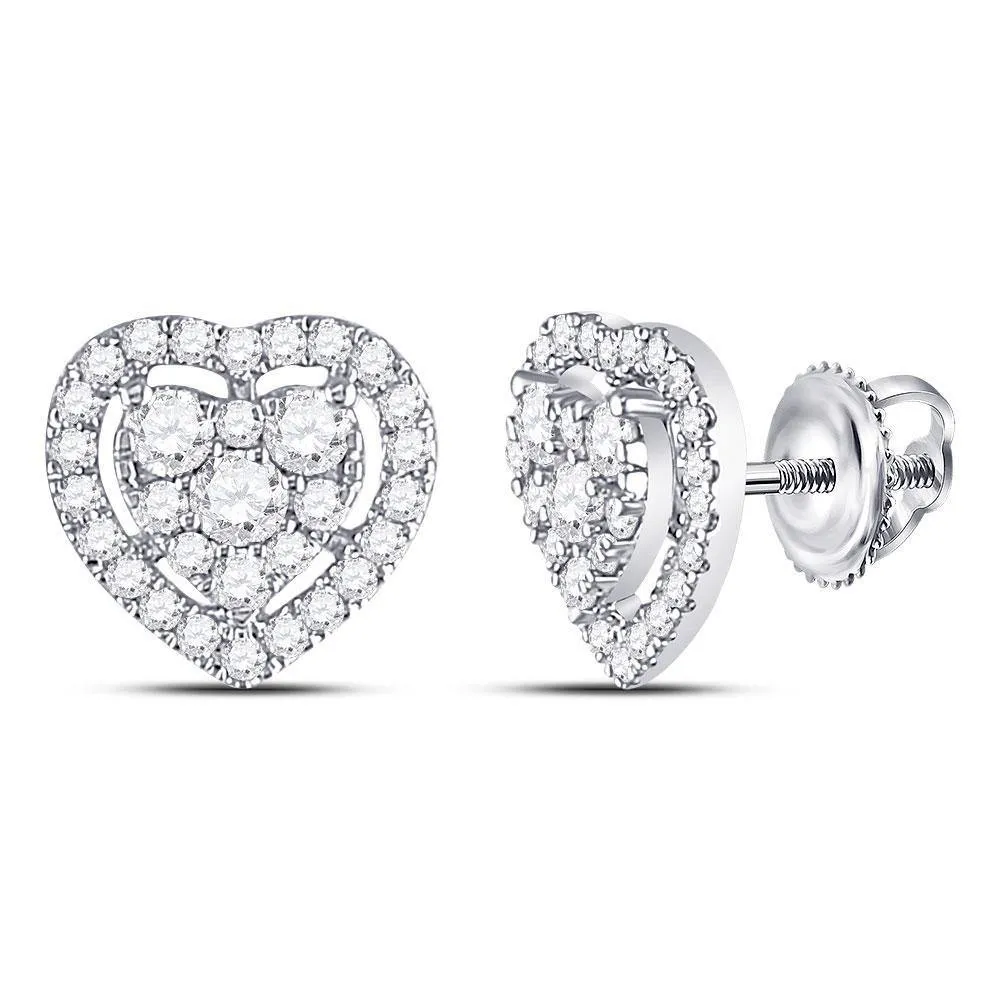 10K White Gold Round Diamond Heart Cluster Earrings 3/4 Cttw