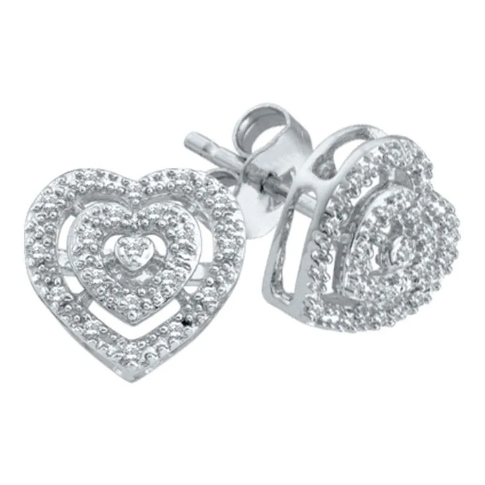 10K White Gold Round Diamond Heart Cluster Screwback Earrings 1/12 Cttw