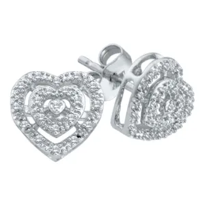 10K White Gold Round Diamond Heart Cluster Screwback Earrings 1/12 Cttw