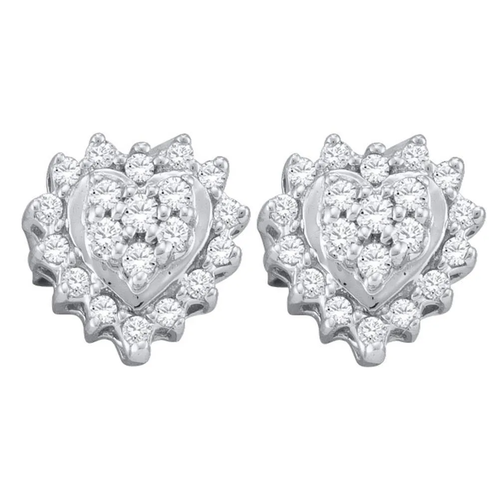 10K White Gold Round Diamond Heart Cluster Screwback Earrings 1/4 Cttw