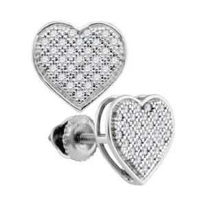 10K White Gold Round Diamond Heart Cluster Screwback Earrings 1/6 Cttw