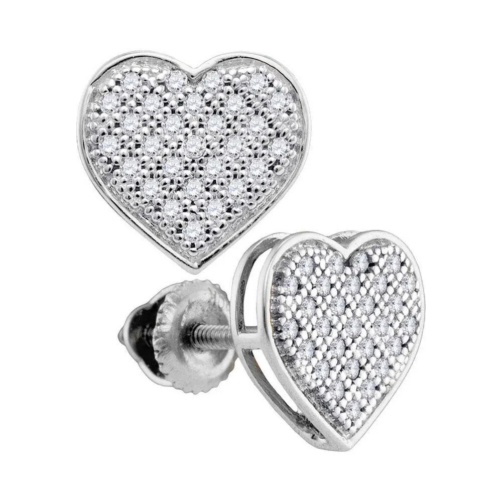 10K White Gold Round Diamond Heart Cluster Screwback Earrings 1/6 Cttw