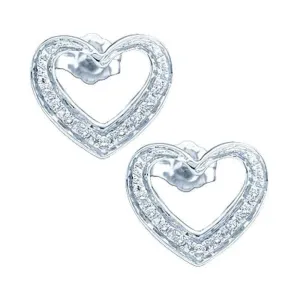 10K White Gold Round Diamond Heart Cluster Screwback Earrings 1/8 Cttw