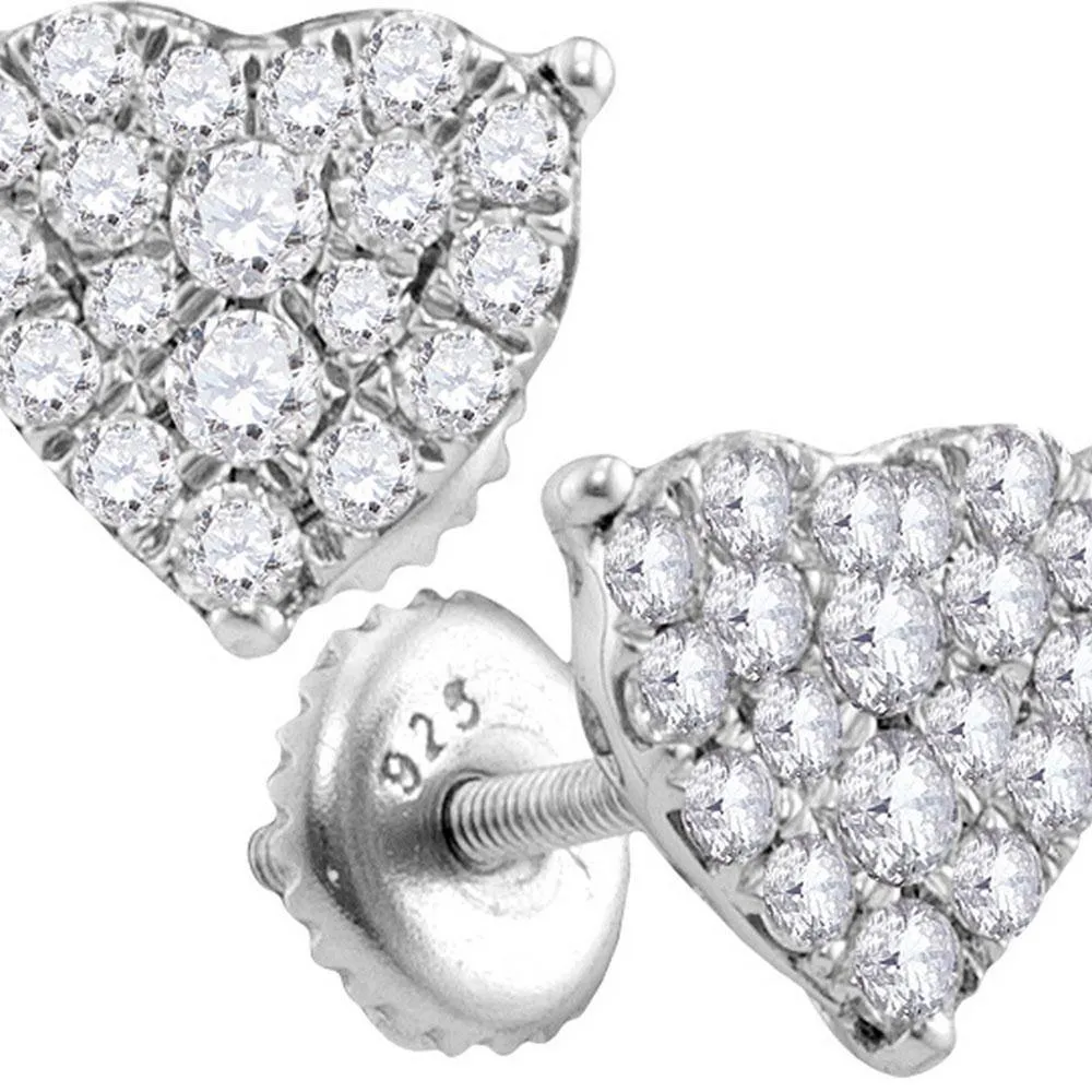 10K White Gold Round Diamond Heart Cluster Screwback Stud Earrings 3/4 Cttw