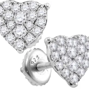 10K White Gold Round Diamond Heart Cluster Screwback Stud Earrings 3/4 Cttw