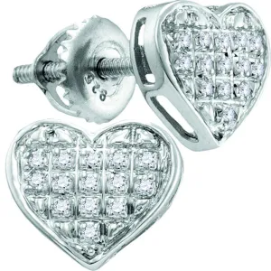10K White Gold Round Diamond Heart Cluster Stud Earrings 1/20 Cttw
