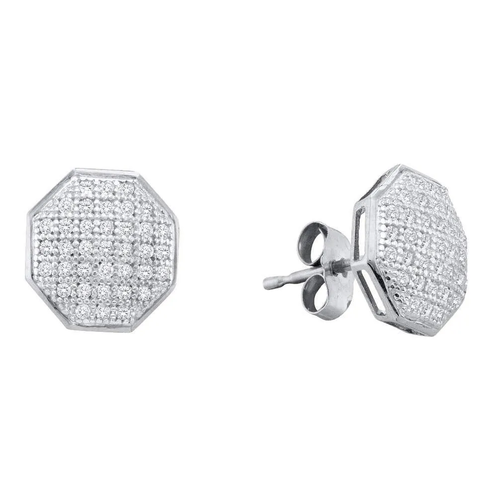 10K White Gold Round Diamond Octagon Cluster Earrings 1/5 Cttw