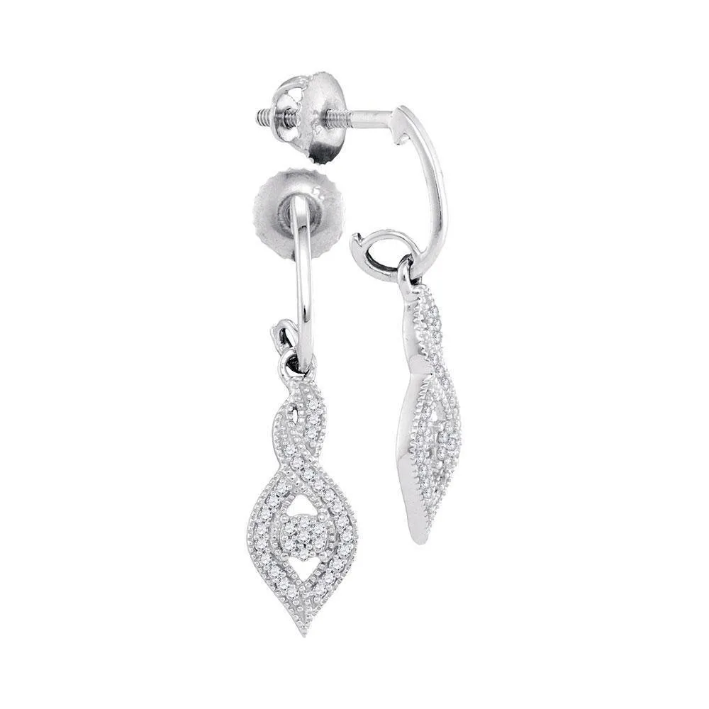 10K White Gold Round Diamond Oval Nested Cluster Dangle Earrings 1/6 Cttw