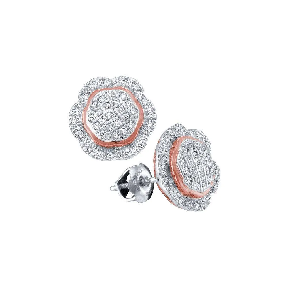 10K White Gold Round Diamond Rose-tone Frame Octagon Cluster Earrings 1/3 Cttw