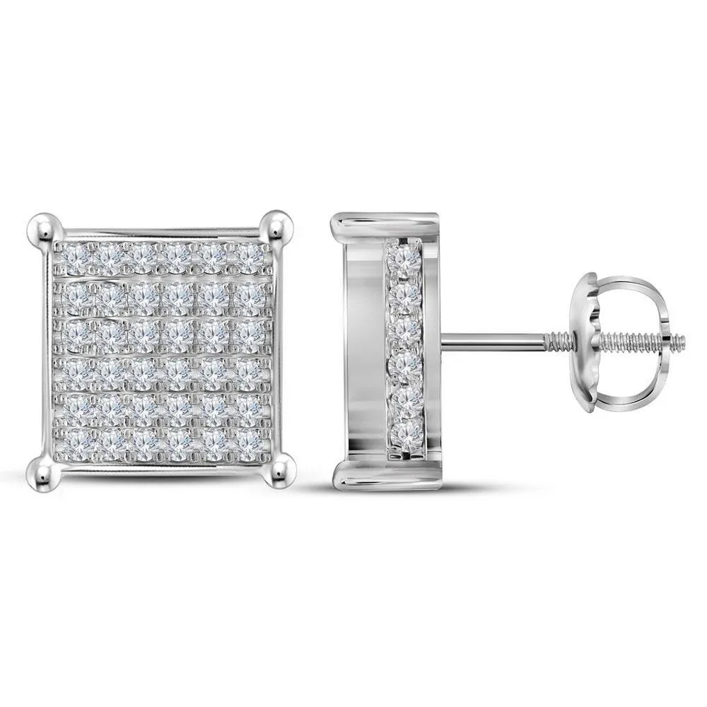 10K White Gold Round Diamond Square Cluster Stud Earrings 1-1/2 Cttw